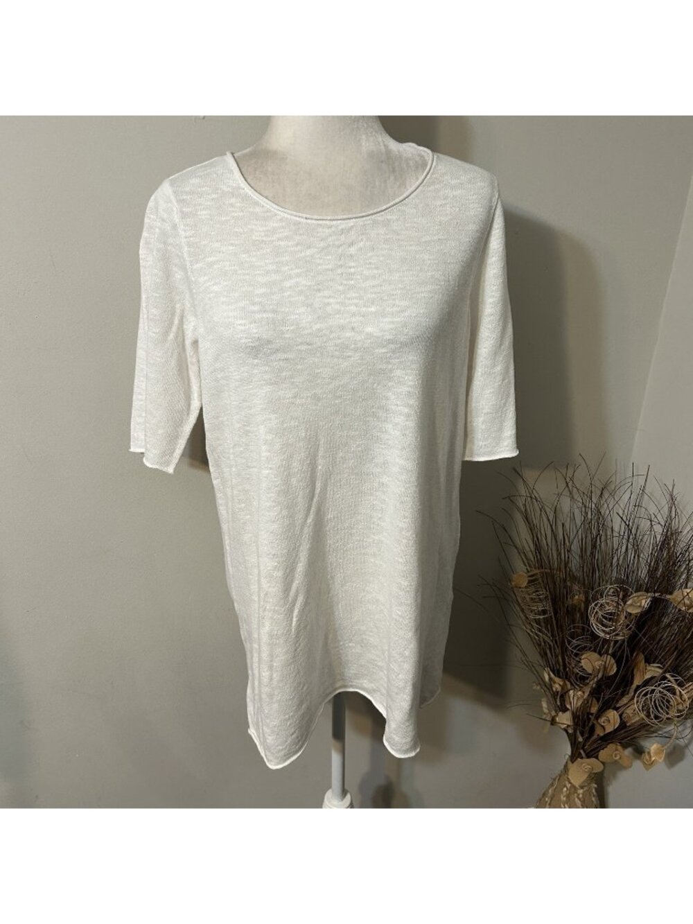 NWT EILEEN FISHER ROUN NECK TUNIC SWEATER ORGANIC COTTON LINEN SLUB WHITE SZ M